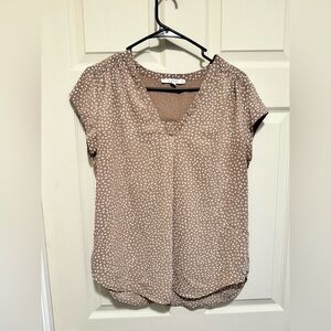 Fun 2 Fun Brown V-Neck Blouse with White Pattern